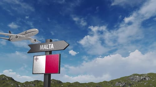 Airplane Flying Past Malta Directional Sign and Flag