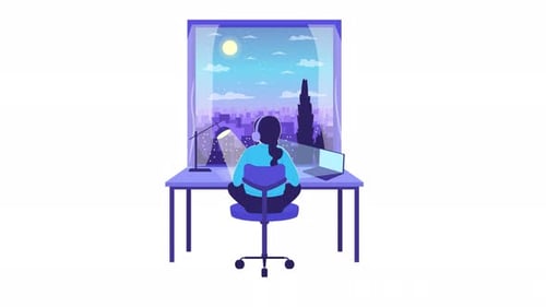 Animated Girl Student Studying Late