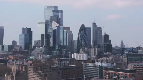 Aerial View of London with Walkie Talkie Gherkin and Tower Bridge