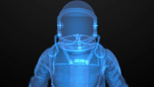 Digitales Astronauten-Hologramm mit blauem Drahtrahmen