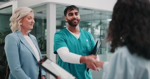 Business people, happy and handshake with nurse in clinic for healthcare funding success