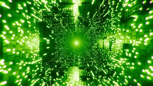 Abstract background of futuristic city with green dots. Science fiction tunnel