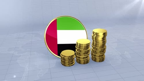 United Arab Emirates Flag With Plain Gold Coins Tower