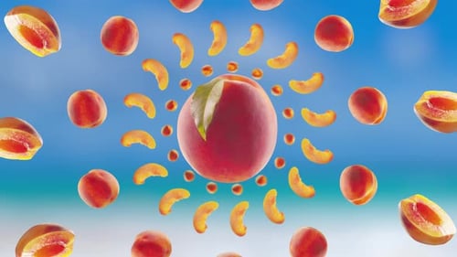 Flying Peach and Peaches Slices in Beach Tropical Summer Background