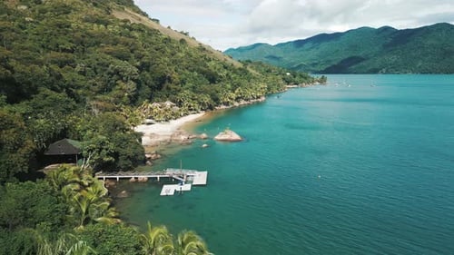 Aerial View of the Tropical Sea and Sandy Beach in the Calm Bay Near the Town of Paraty in Brazil