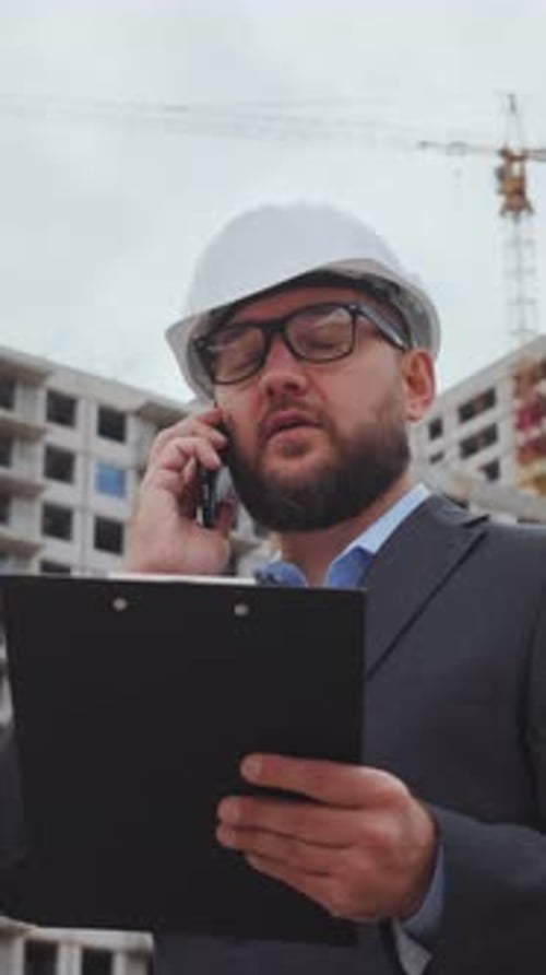 Vertical Screen Civil Engineer Talking on Phone at Construction Site