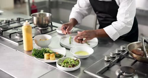 Hands, person and vegetables with food in restaurant kitchen for meal preparation with plating