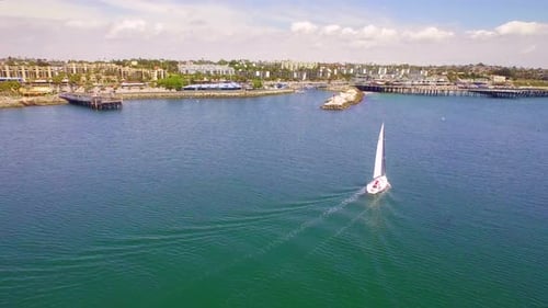 Redondo Beach, Ca / Usa - June 7, 2016: Boat In Redondo Beach Harbor By Aerial Drone
