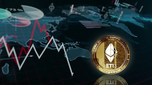 Ethereum ETH cryptocurrency golden rotating coin on chart loop