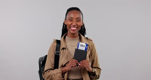 Travel, plane ticket and black woman, face in studio and holiday with mockup space