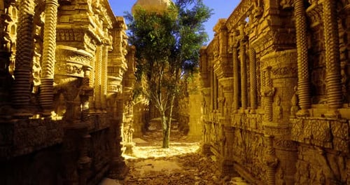Ancient Stone Ruins Surrounded By a Solitary Tree in Bright Sunlight