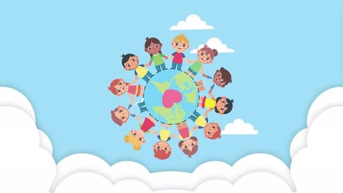 Kinder beim Händchenhalten rund um die Welt Animation