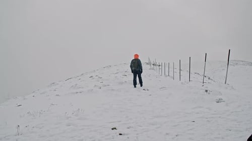 Hiking mountain snow, rear view of man walks on mountain peak during snowfall