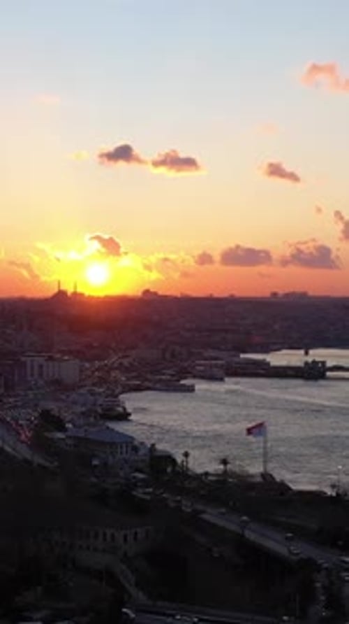 Istanbul City at Sunset and Golden Horn Bay Aerial View Vertical Video