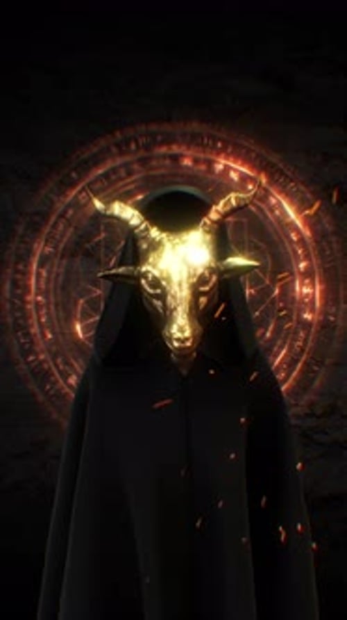 Animated Golden Goat Skull Mask and Glowing Ritual Pentagram