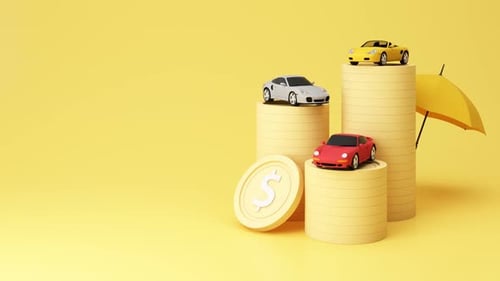 Animated 3D Cars on Coin Pillars with Umbrella for Financial Concepts