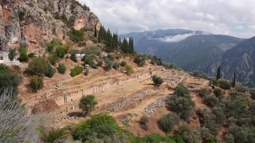 Ancient Gymnasium of Delphi and view of the valley, Greece