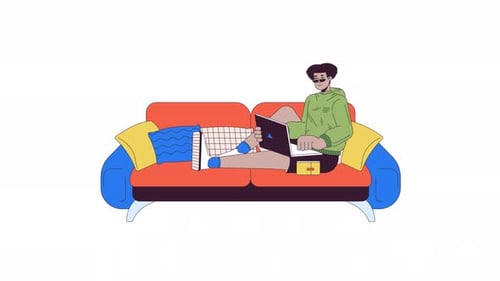 Animated Flat Design Person Working on Laptop from Couch
