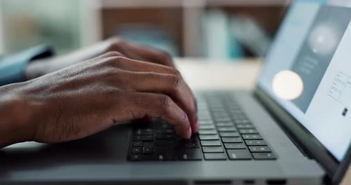 Hands typing, laptop keyboard and closeup at desk, web design and planning for communication on app