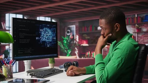 African American Engineer Coding a Neural Network AI Brain Model