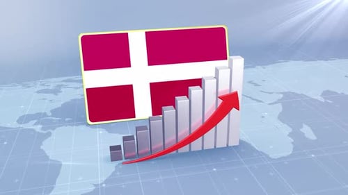 Denmark Flag With Increasing Bar Chart Graph And Arrow Red