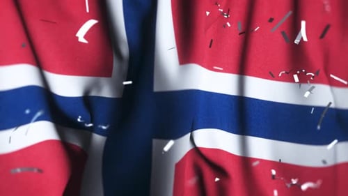 Waving Flag of Norway with Falling Silver Confetti