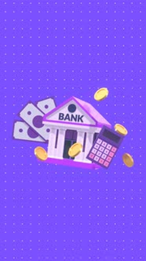3D Bank Icon Animation with Gold Coins and Money in vertical video. Finance and Economy Concept