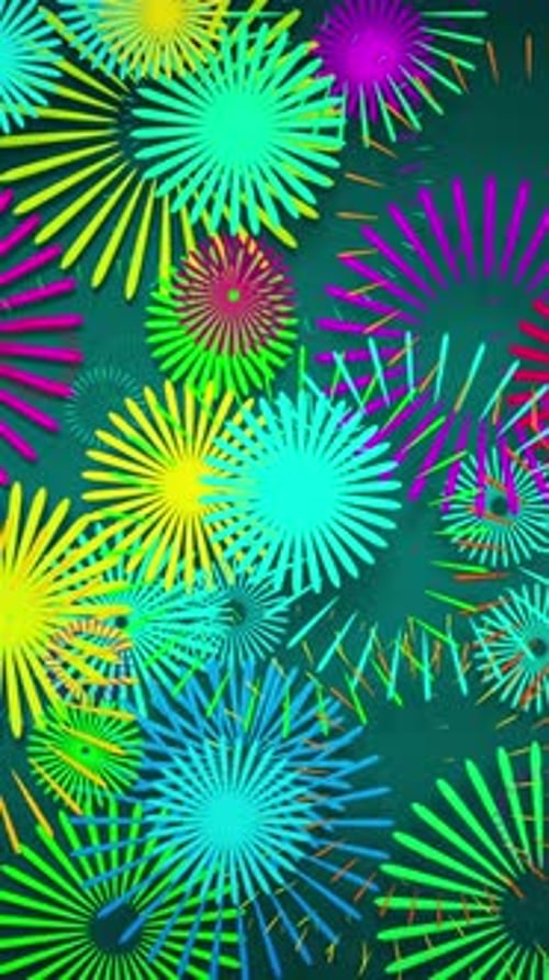 Vibrant 3D animation with cartoon-style fireworks in motion. looping animation.