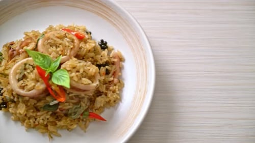 Close Up Fried Rice with Squid and Basil