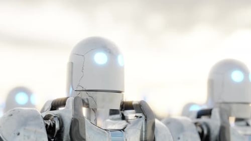 3d Animation Loop of Similar Robots Jumping Under Sundown Sky