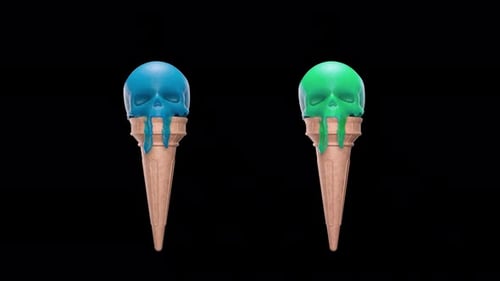 Green and Blue Melting Ice Cream in the Form of a Skull with Alpha Channel