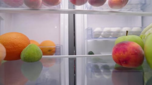 View From Inside the Fridge Woman Opens Side By Side Fridge Doors Puts Tomatos Then Closes It Female