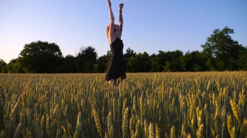 Young Punk Woman in Dress Standing with Raising Hands on Green Barley Field at Sunset Carefree
