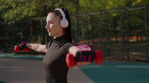 Woman Exercising with Dumbbells in Outdoor Setting