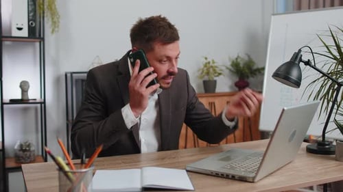 Angry Businessmanin Ceo Making Phone Call Conversation at Home Office Quarrel Conflict Negotiation