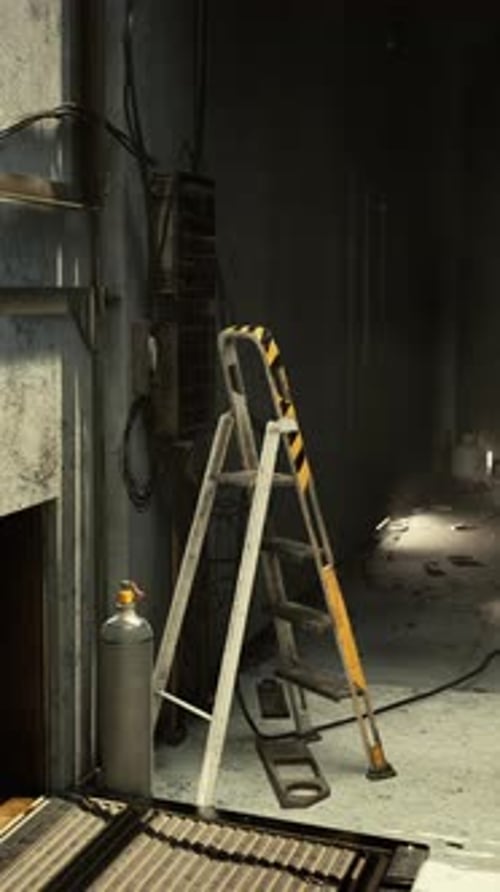 A Quiet Moment in a Dimly Lit Industrial Hallway with Tools and Ladder