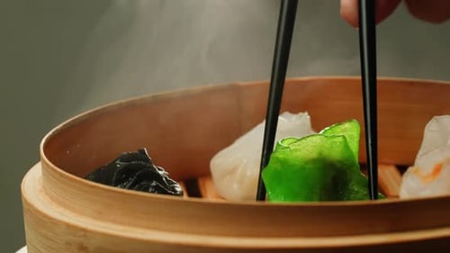 Colorful Dim Sum in Bamboo Steamer, Close Up