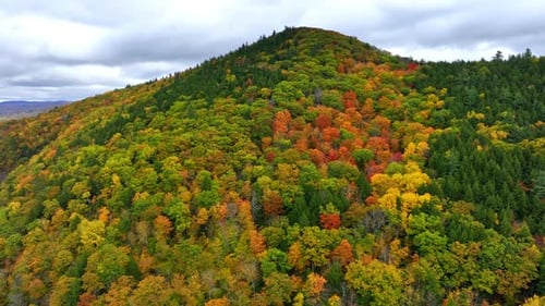 Approaching the top of the mountain covered with colorful forest. Autumn coloring the nature.