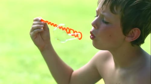 Boy Blowing Bubbles Outdoors in Green Field