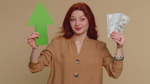 Woman Holding Money and Upward Pointing Arrow