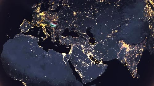 Realistic Digital Earth Night Orbit And Zoom Shining Country Flag Embedded In Borders Hungary