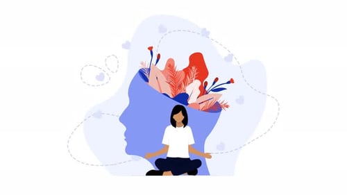 woman meditates while sitting and imagines flowers coming out of her mind animation 4k