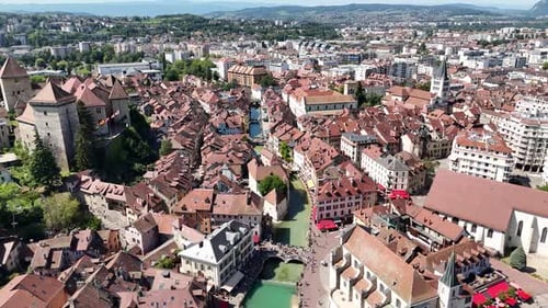 Aerial view of Annecy cityscape in the French Alps, France