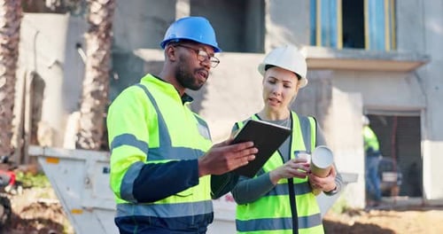 Team, Architekt und Diskussion mit Tablet für Bauplanung, Baustellenbegehung