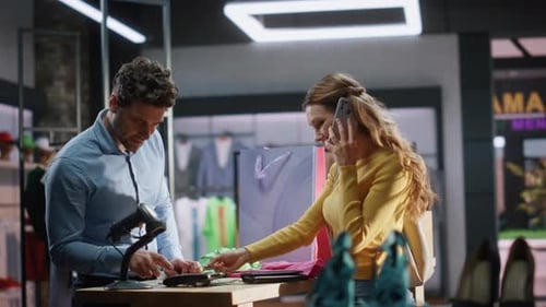 Happy Shopaholic Paying Terminal Credit Card Buy Clothes Cashier Counter Closeup