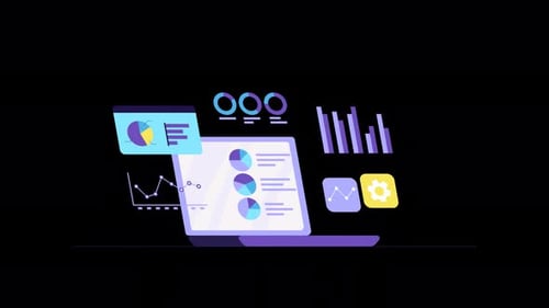 Animación de ordenadores portátiles y gráficos, diagramas y gráficos financieros. Software, desarrollo web