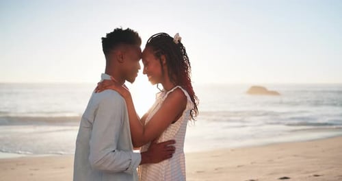 Couple, romance and talking with sunrise at beach for affection, commitment