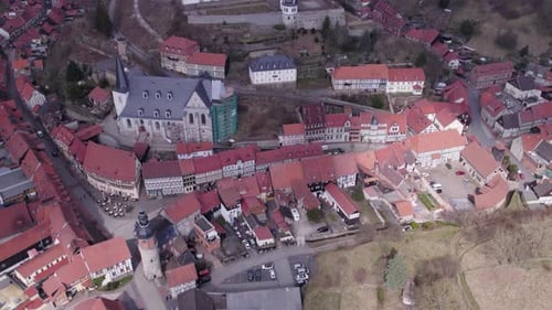 Stolberg city and church Martin with reveal of stolberg castle, aerial shot