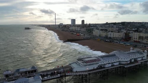 Drone shot of The Brighton Palace Pier in Brighton resort, East Sussex, England