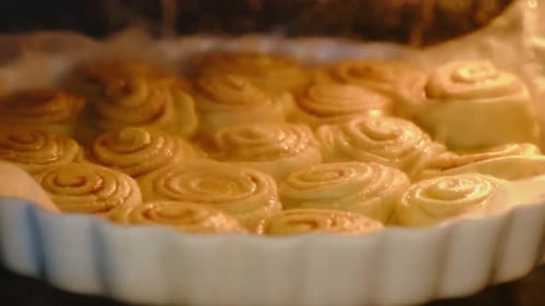 Cinnamon Rolls Baking in Oven Close Up